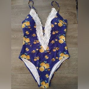 New Blue Floral Lace One Piece Bathing Swim Suit Size XL